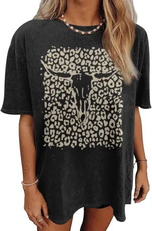 Western Cow Skull Shirts for Women Boho Cowgirl Shirt Vintage Acid Wash Tshirt Oversize Rodeo Graphic Tee Country Top