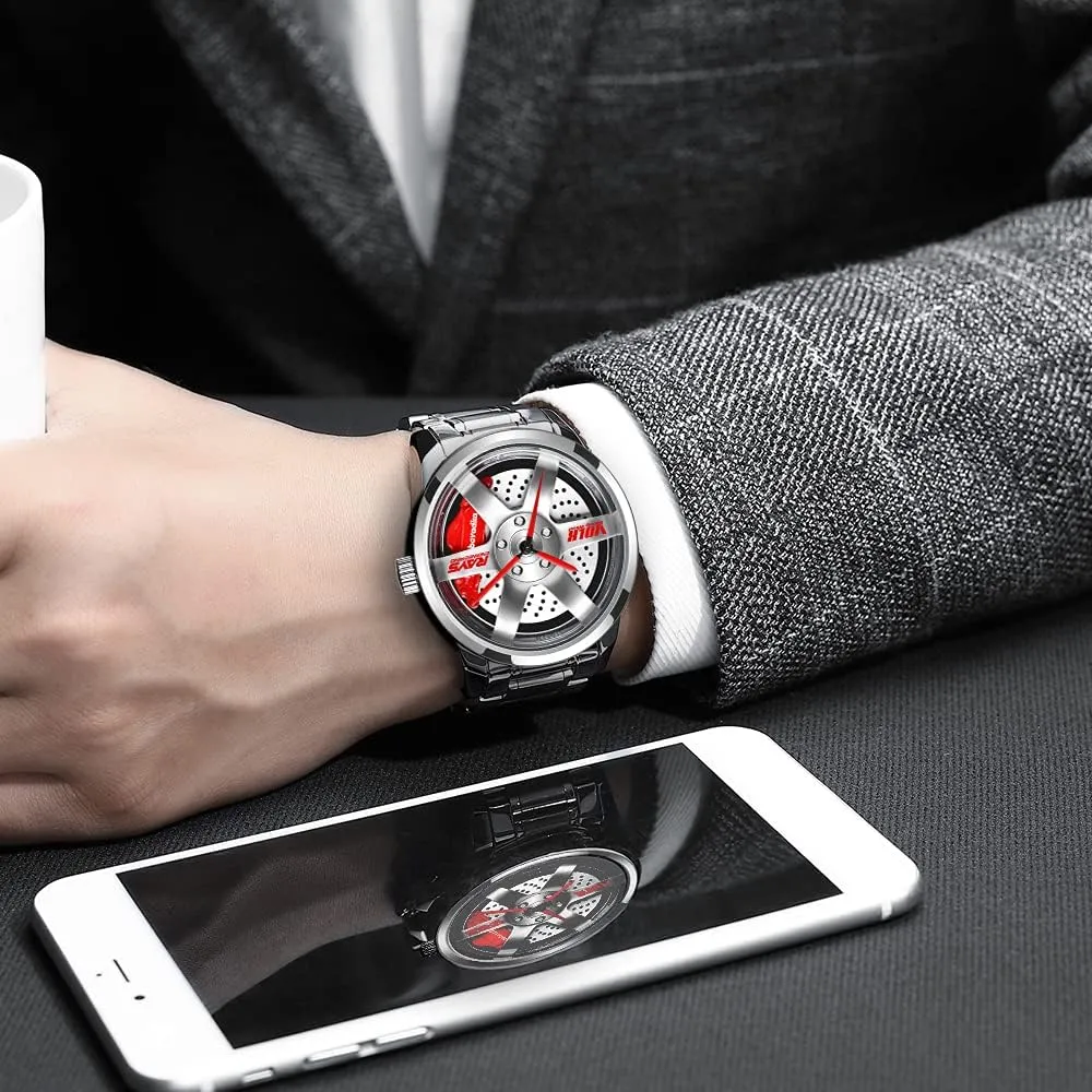 Wheel Watch, Stainless Steel With Japanese Quartz Movement, Waterproof Sports Wrist Watch With Rim Hub Design for Men/Car Enthusiast