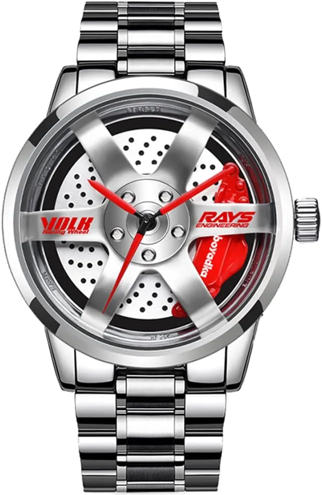Wheel Watch, Stainless Steel With Japanese Quartz Movement, Waterproof Sports Wrist Watch With Rim Hub Design for Men/Car Enthusiast