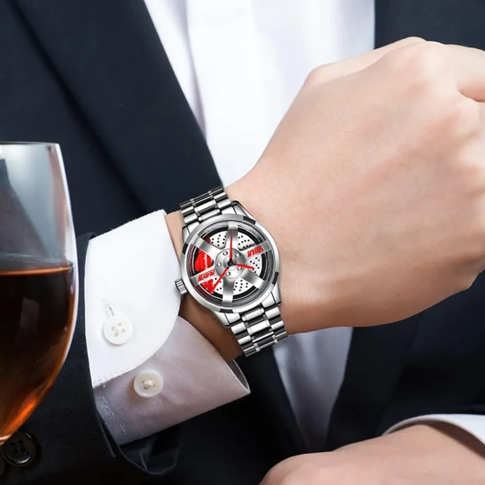 Wheel Watch, Stainless Steel With Japanese Quartz Movement, Waterproof Sports Wrist Watch With Rim Hub Design for Men/Car Enthusiast