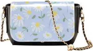 White Daisy Pattern Crossbody Bags for Women, Trendy Small Shoulder Bag, PU Leather Clutch Purse Underarm Handbag Satchel HandBag with Adjustable Metal Chain