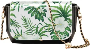 White Hibiscus Floral Green Leaves Crossbody Bags for Women, Trendy Small Shoulder Bag, PU Leather Clutch Purse Underarm Handbag Satchel HandBag with Adjustable Metal Chain