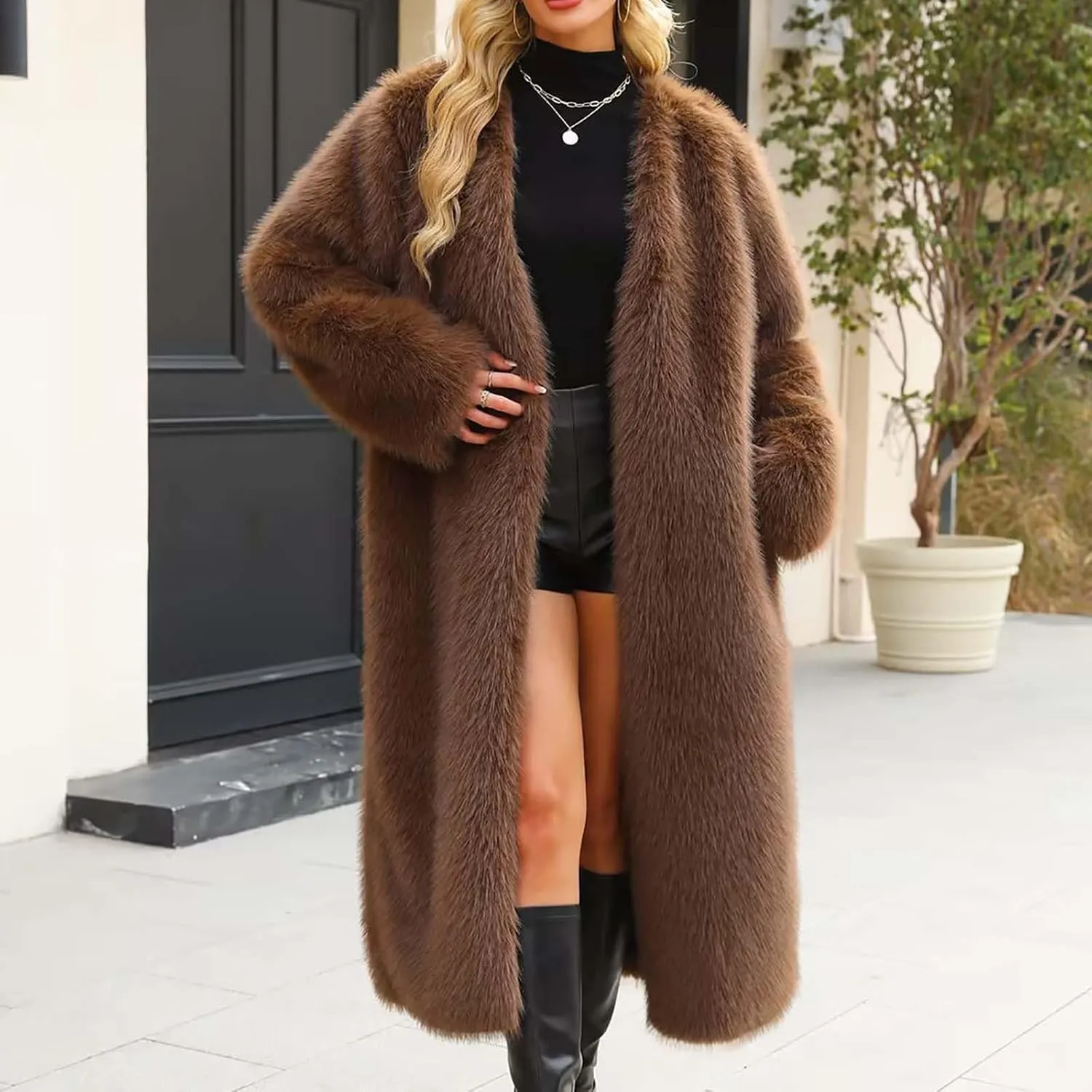 Winter Coats for Women Fashion Dressy Faux Fur Long Overcoat Open Front Warm Long Cardigan Fuzzy Sherpa Outfit