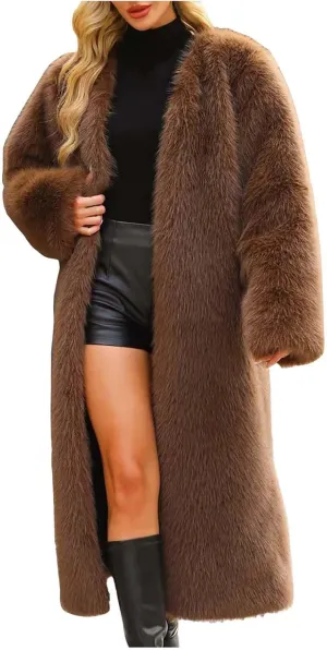 Winter Coats for Women Fashion Dressy Faux Fur Long Overcoat Open Front Warm Long Cardigan Fuzzy Sherpa Outfit
