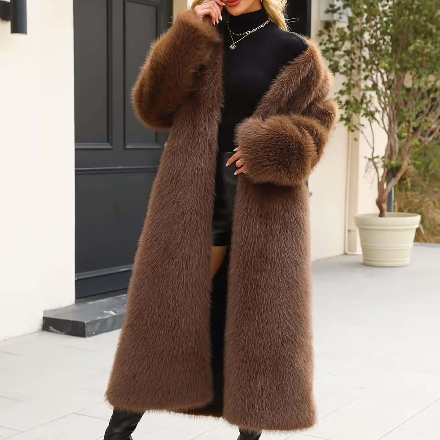 Winter Coats for Women Fashion Dressy Faux Fur Long Overcoat Open Front Warm Long Cardigan Fuzzy Sherpa Outfit