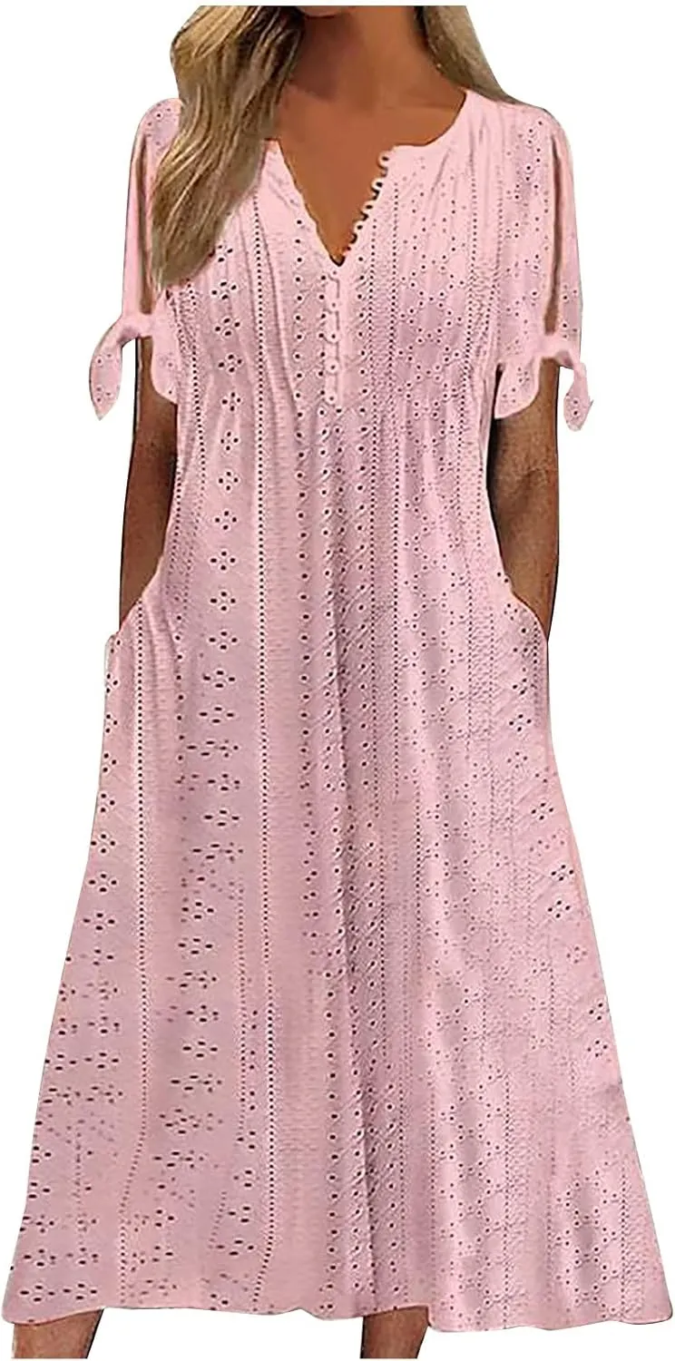 Wkishenl Summer Dresses for Women 2025 Vacation Plus Size Long Maxi Dress Short Sleeve V Neck Button Sundresses with Pockets