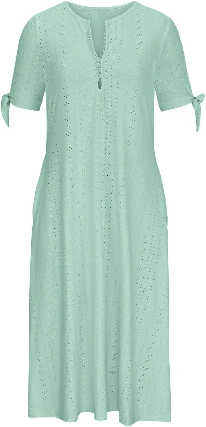 Wkishenl Summer Dresses for Women 2025 Vacation Plus Size Long Maxi Dress Short Sleeve V Neck Button Sundresses with Pockets