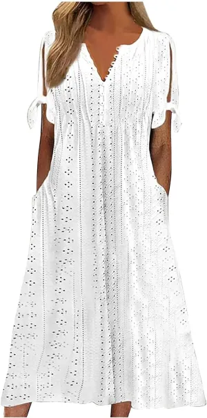 Wkishenl Summer Dresses for Women 2025 Vacation Plus Size Long Maxi Dress Short Sleeve V Neck Button Sundresses with Pockets