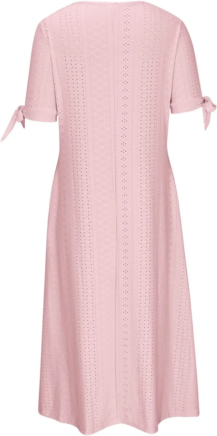 Wkishenl Summer Dresses for Women 2025 Vacation Plus Size Long Maxi Dress Short Sleeve V Neck Button Sundresses with Pockets