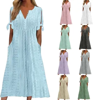 Wkishenl Summer Dresses for Women 2025 Vacation Plus Size Long Maxi Dress Short Sleeve V Neck Button Sundresses with Pockets