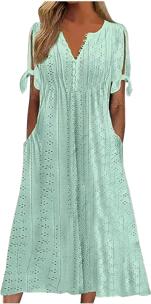 Wkishenl Summer Dresses for Women 2025 Vacation Plus Size Long Maxi Dress Short Sleeve V Neck Button Sundresses with Pockets