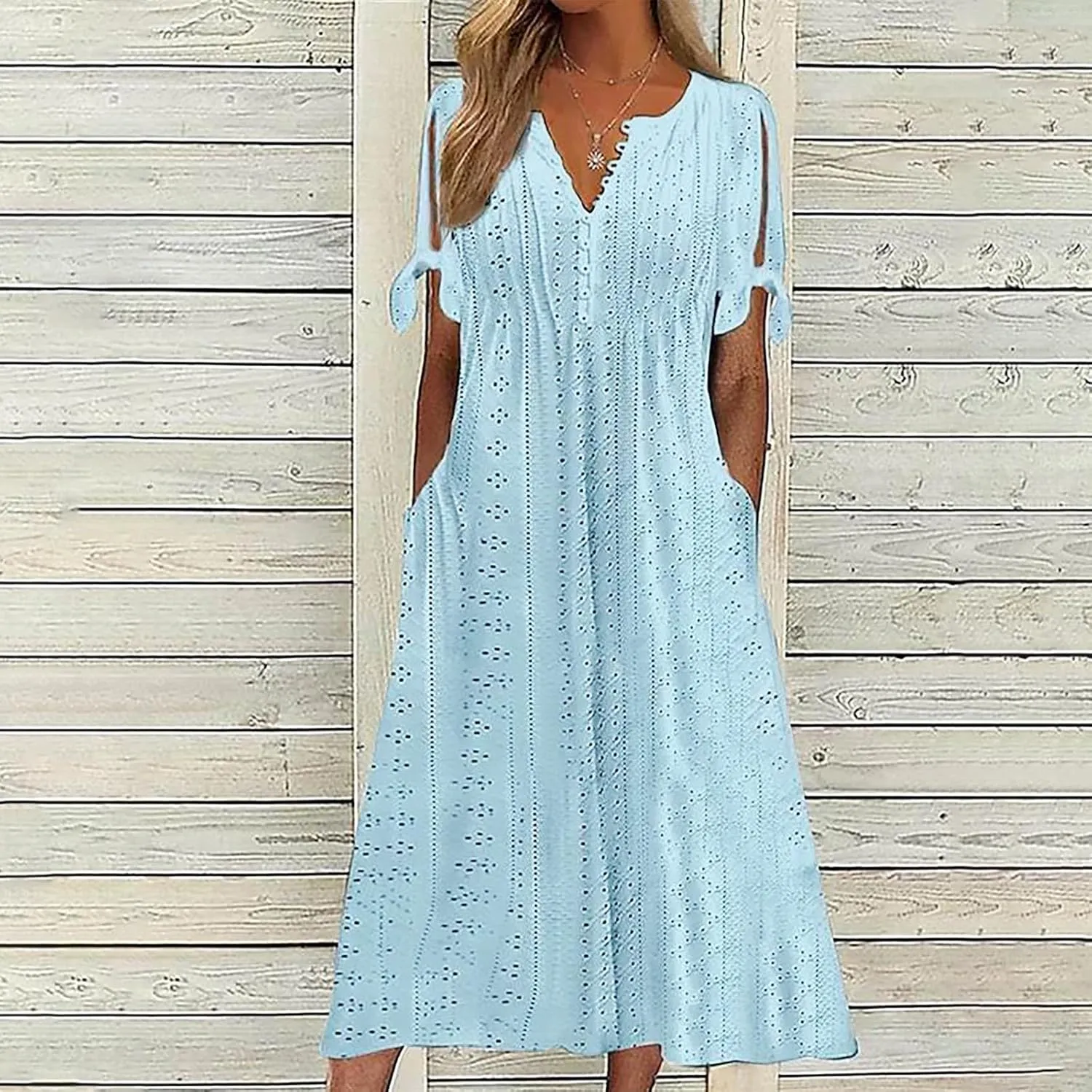 Wkishenl Summer Dresses for Women 2025 Vacation Plus Size Long Maxi Dress Short Sleeve V Neck Button Sundresses with Pockets
