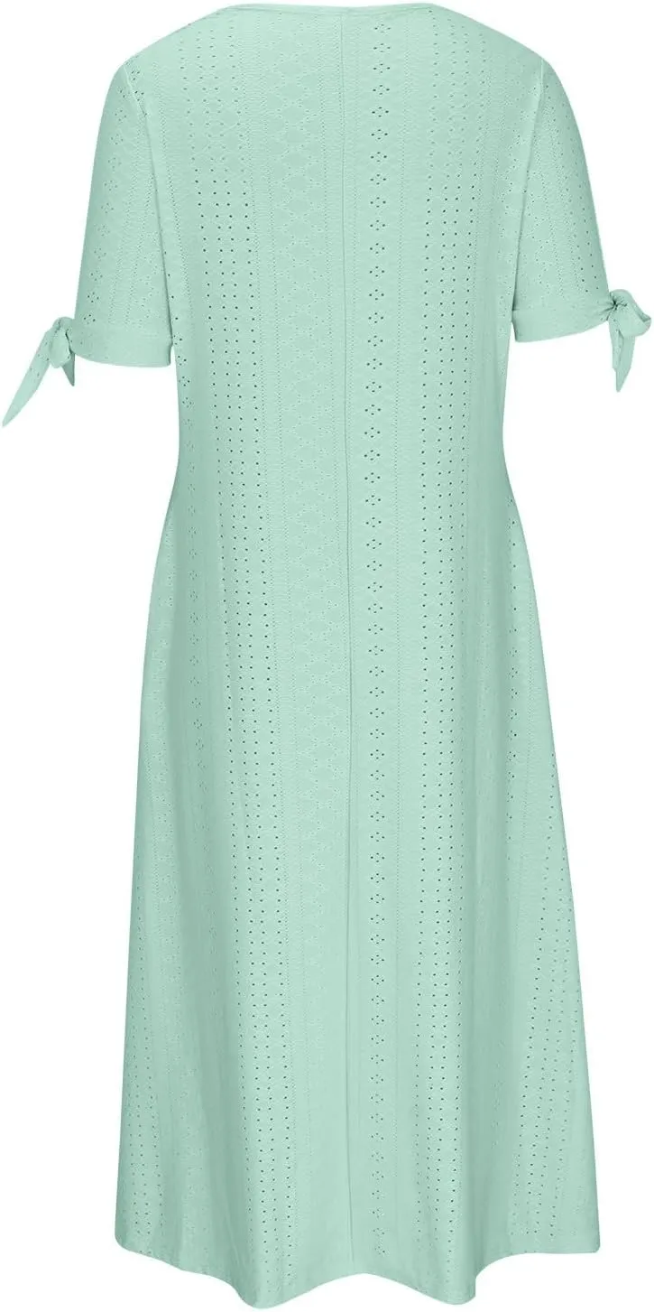 Wkishenl Summer Dresses for Women 2025 Vacation Plus Size Long Maxi Dress Short Sleeve V Neck Button Sundresses with Pockets