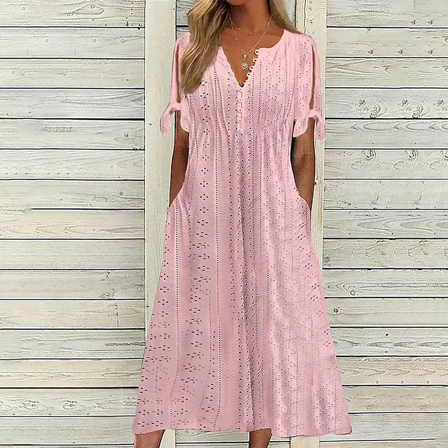 Wkishenl Summer Dresses for Women 2025 Vacation Plus Size Long Maxi Dress Short Sleeve V Neck Button Sundresses with Pockets