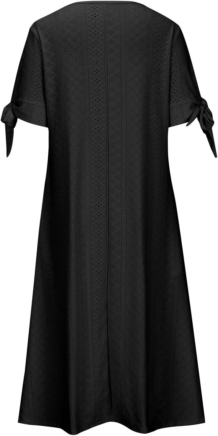 Wkishenl Summer Dresses for Women 2025 Vacation Plus Size Long Maxi Dress Short Sleeve V Neck Button Sundresses with Pockets