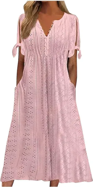 Wkishenl Summer Dresses for Women 2025 Vacation Plus Size Long Maxi Dress Short Sleeve V Neck Button Sundresses with Pockets