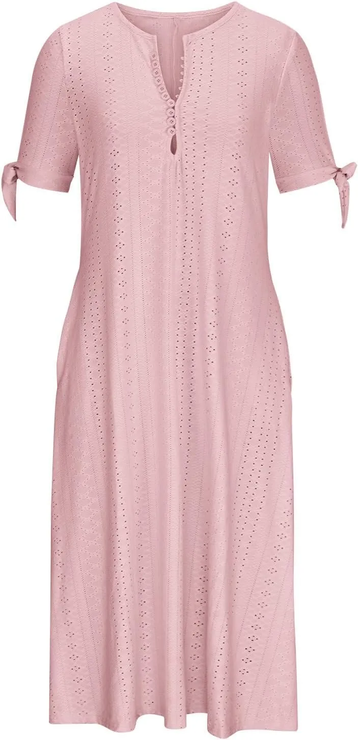 Wkishenl Summer Dresses for Women 2025 Vacation Plus Size Long Maxi Dress Short Sleeve V Neck Button Sundresses with Pockets