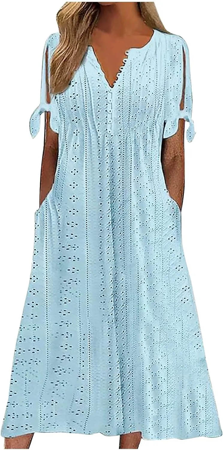 Wkishenl Summer Dresses for Women 2025 Vacation Plus Size Long Maxi Dress Short Sleeve V Neck Button Sundresses with Pockets