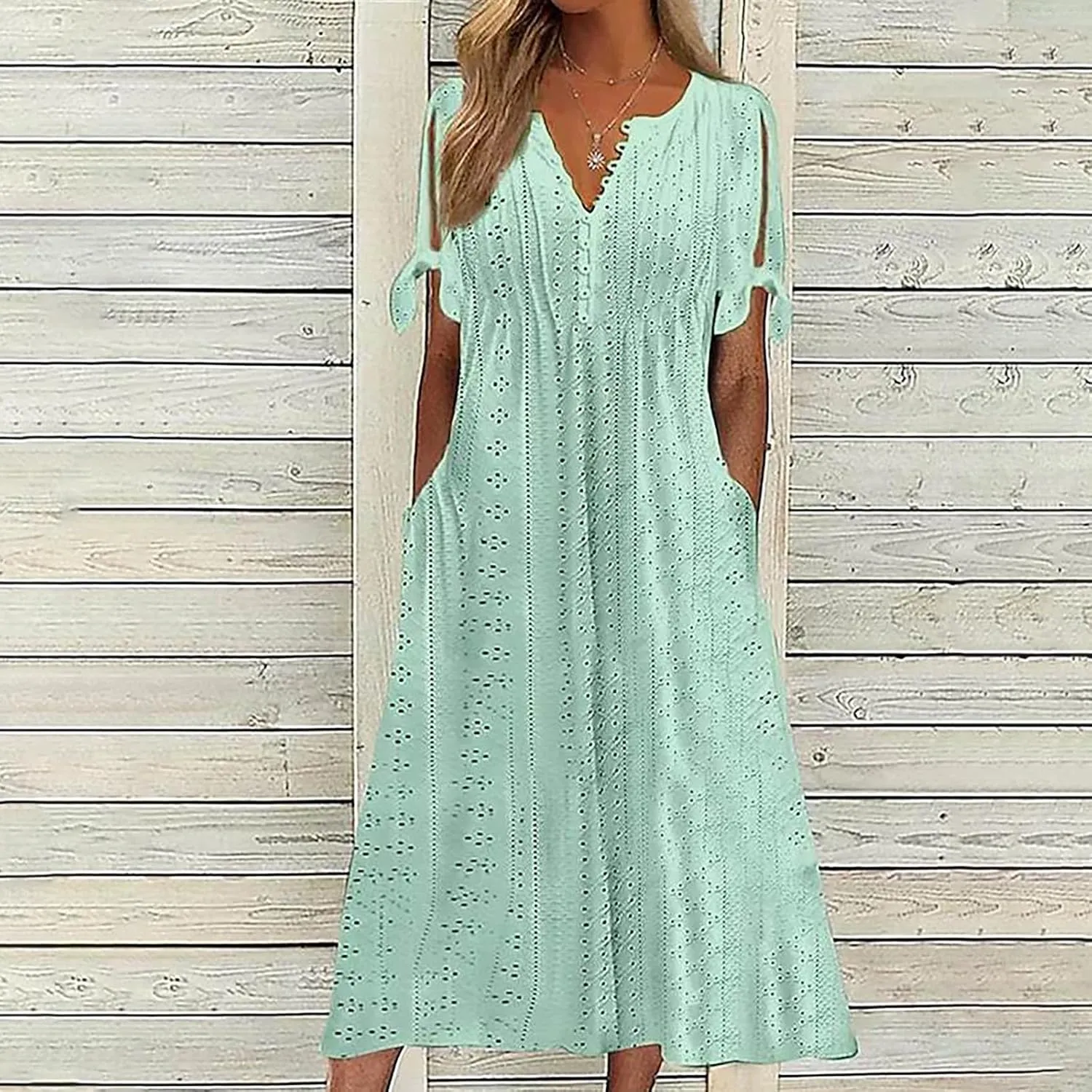 Wkishenl Summer Dresses for Women 2025 Vacation Plus Size Long Maxi Dress Short Sleeve V Neck Button Sundresses with Pockets