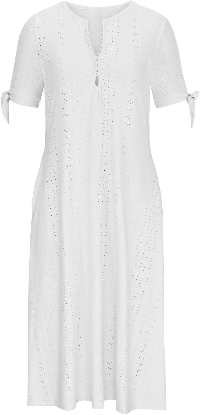 Wkishenl Summer Dresses for Women 2025 Vacation Plus Size Long Maxi Dress Short Sleeve V Neck Button Sundresses with Pockets