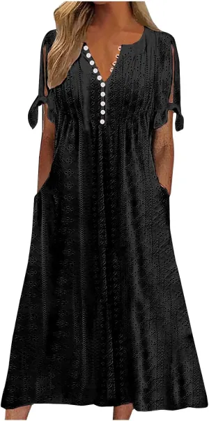 Wkishenl Summer Dresses for Women 2025 Vacation Plus Size Long Maxi Dress Short Sleeve V Neck Button Sundresses with Pockets