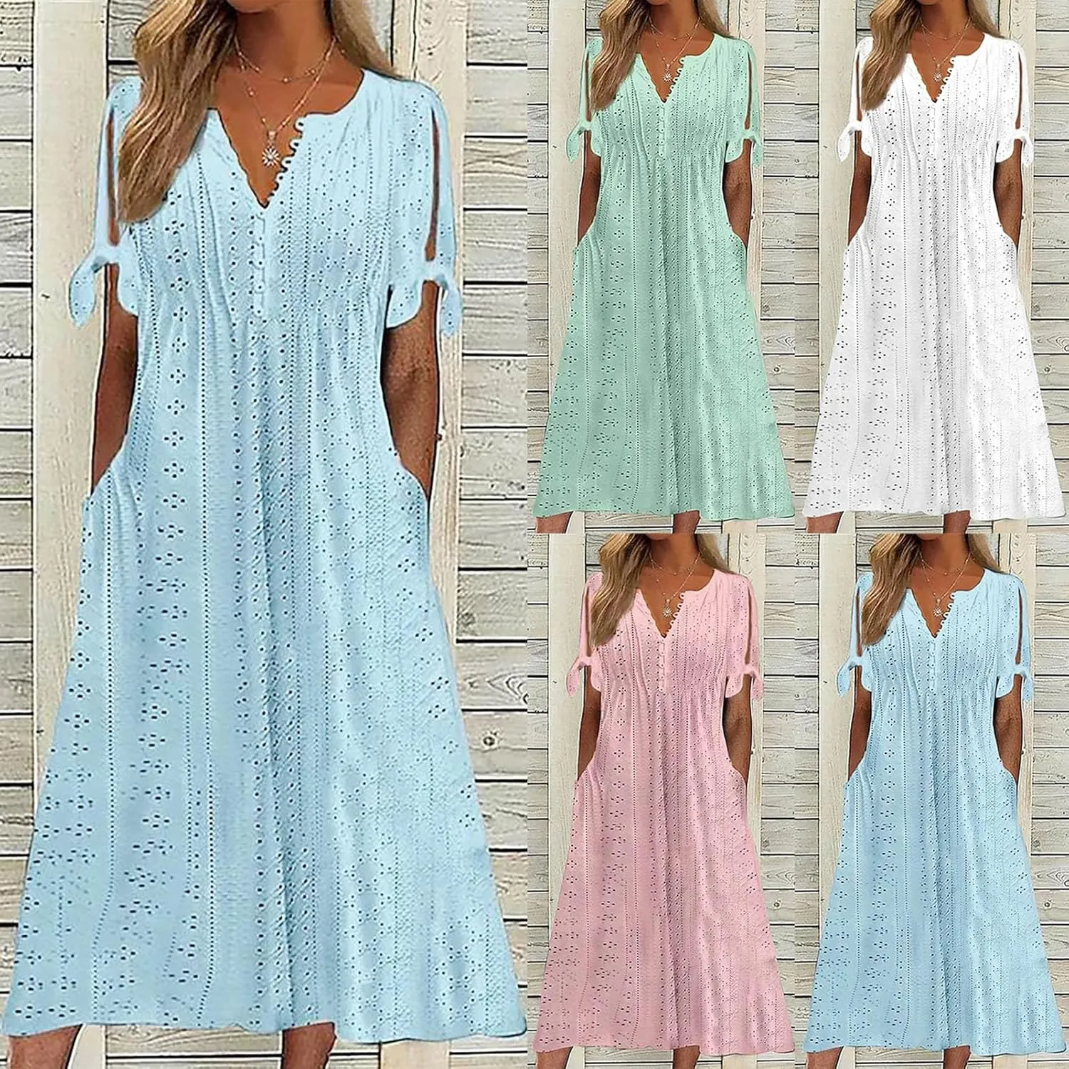 Wkishenl Summer Dresses for Women 2025 Vacation Plus Size Long Maxi Dress Short Sleeve V Neck Button Sundresses with Pockets