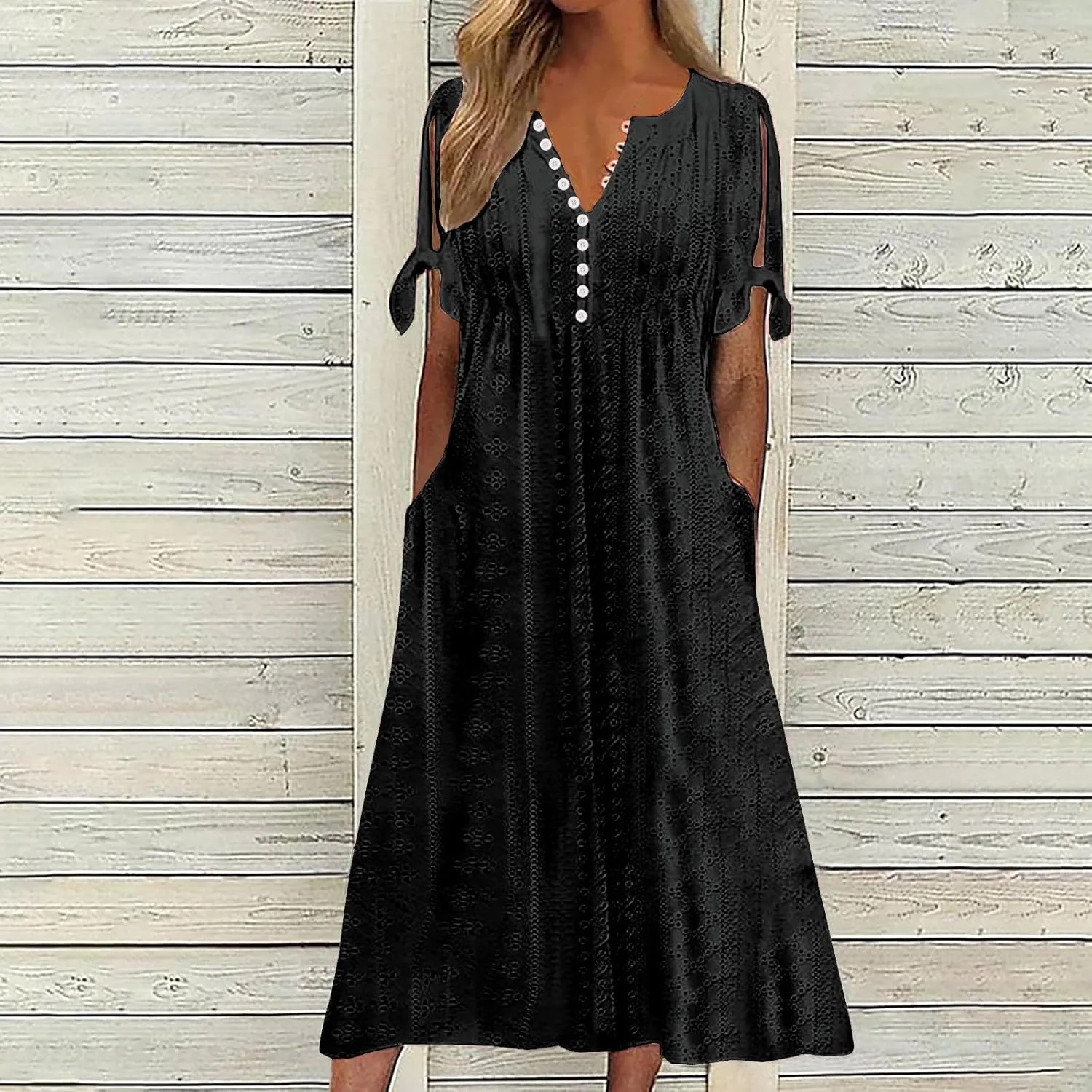 Wkishenl Summer Dresses for Women 2025 Vacation Plus Size Long Maxi Dress Short Sleeve V Neck Button Sundresses with Pockets