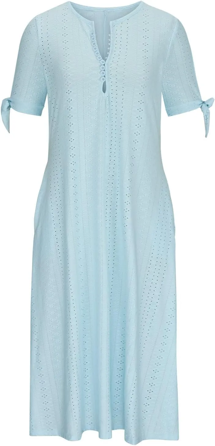Wkishenl Summer Dresses for Women 2025 Vacation Plus Size Long Maxi Dress Short Sleeve V Neck Button Sundresses with Pockets