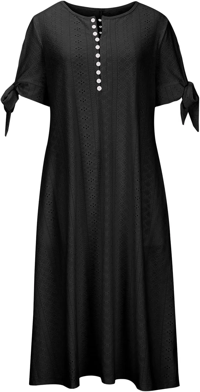 Wkishenl Summer Dresses for Women 2025 Vacation Plus Size Long Maxi Dress Short Sleeve V Neck Button Sundresses with Pockets