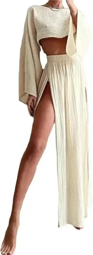 Women 2 Piece Set High Slit Skirt Boho Maxi Dress Beach Cover Ups Sarong Bikini Coverup Cotton-linen Set Suit