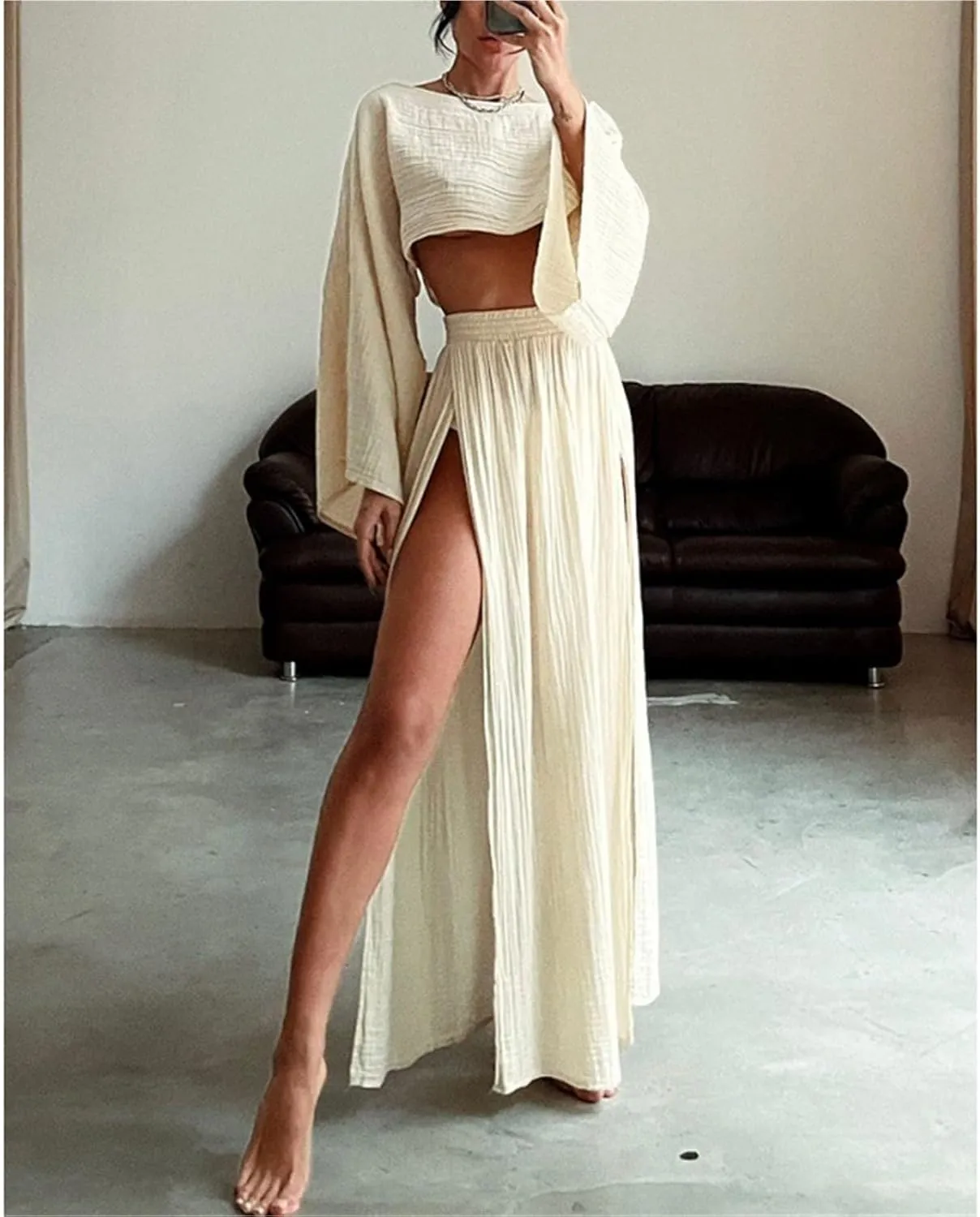 Women 2 Piece Set High Slit Skirt Boho Maxi Dress Beach Cover Ups Sarong Bikini Coverup Cotton-linen Set Suit
