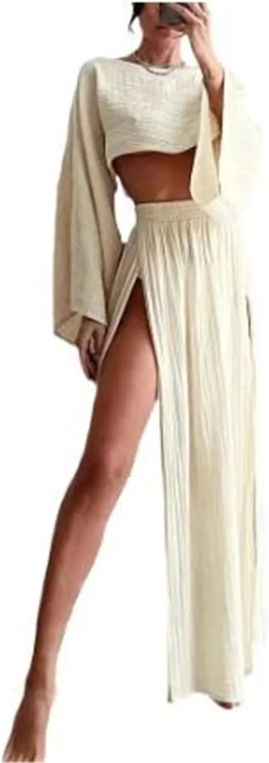 Women 2 Piece Set High Slit Skirt Boho Maxi Dress Beach Cover Ups Sarong Bikini Coverup Cotton-linen Set Suit