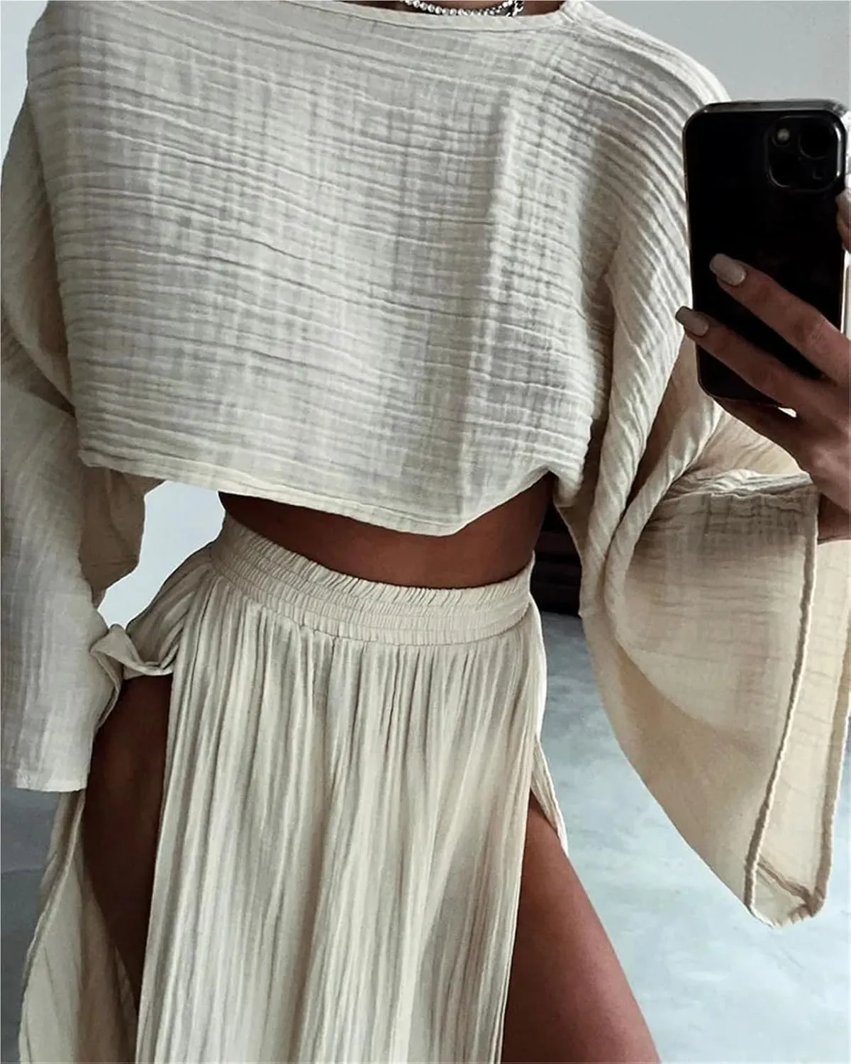 Women 2 Piece Set High Slit Skirt Boho Maxi Dress Beach Cover Ups Sarong Bikini Coverup Cotton-linen Set Suit