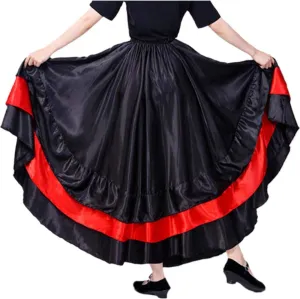 Women Black Red Layers Satin Long Skirt for Spanish Flamenco Belly Dance Mexico Ballet Folklorico Performance