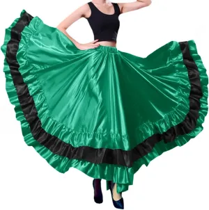 Women Black Red Layers Satin Long Skirt for Spanish Flamenco Belly Dance Mexico Ballet Folklorico Performance