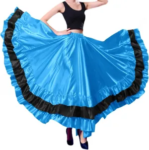 Women Black Red Layers Satin Long Skirt for Spanish Flamenco Belly Dance Mexico Ballet Folklorico Performance