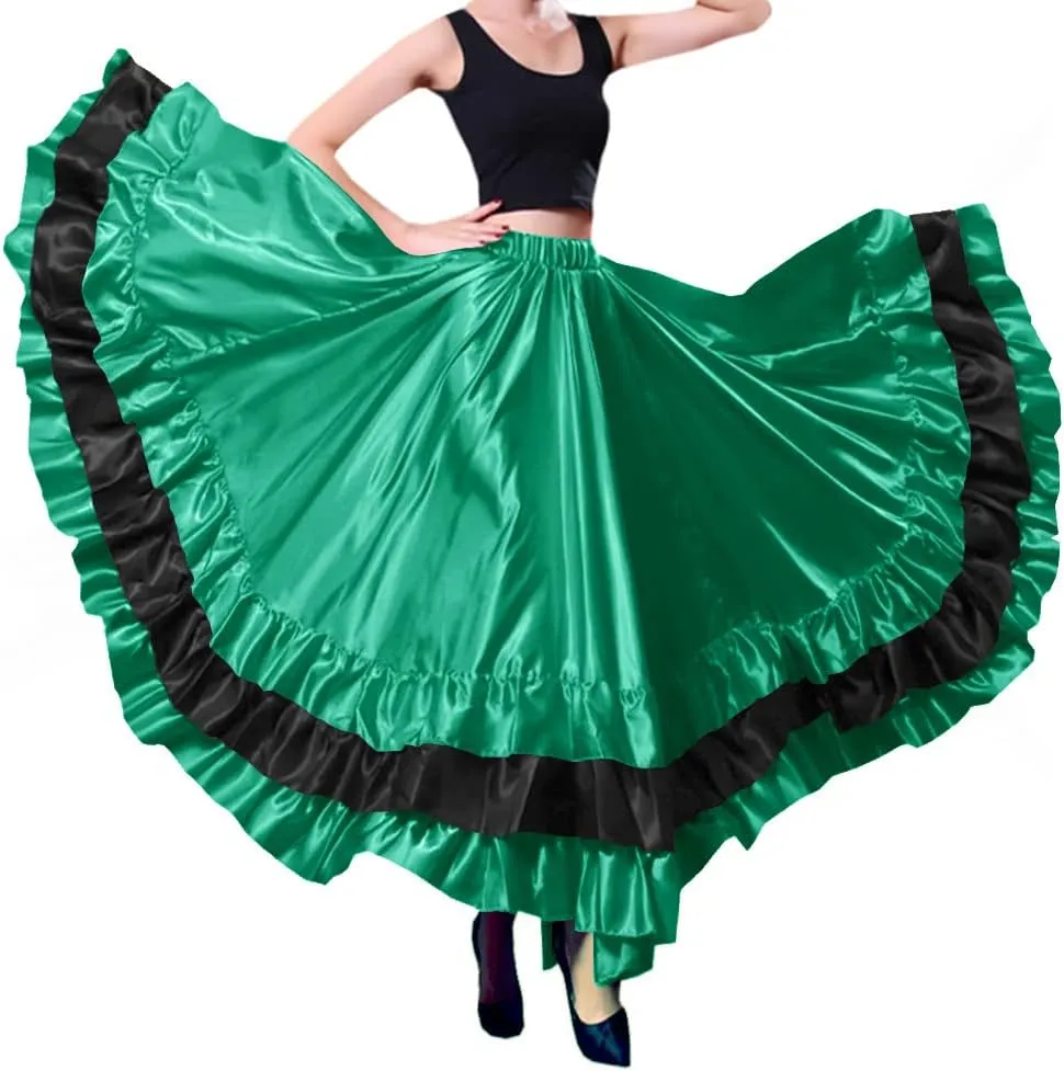 Women Black Red Layers Satin Long Skirt for Spanish Flamenco Belly Dance Mexico Ballet Folklorico Performance