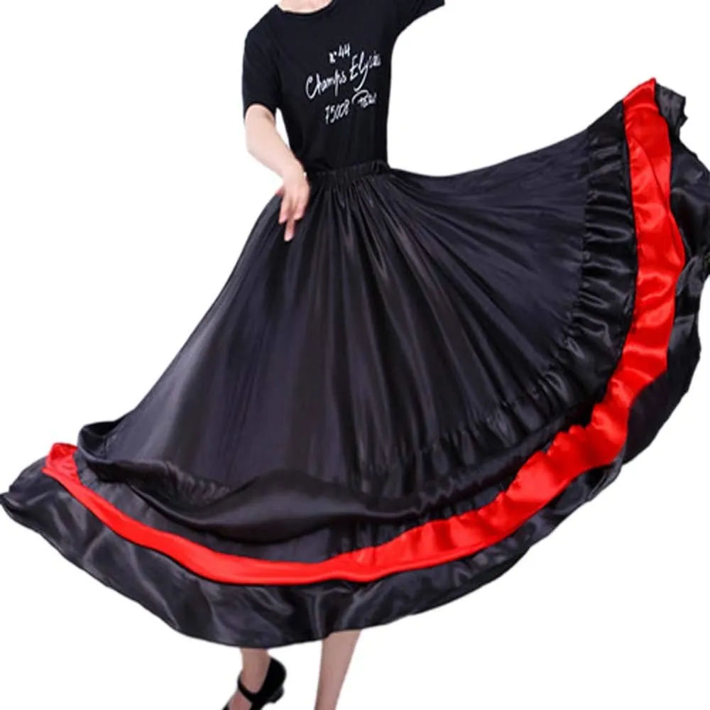 Women Black Red Layers Satin Long Skirt for Spanish Flamenco Belly Dance Mexico Ballet Folklorico Performance