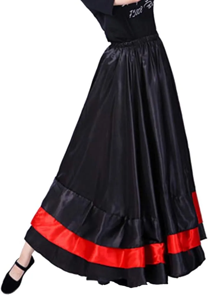 Women Black Red Layers Satin Long Skirt for Spanish Flamenco Belly Dance Mexico Ballet Folklorico Performance