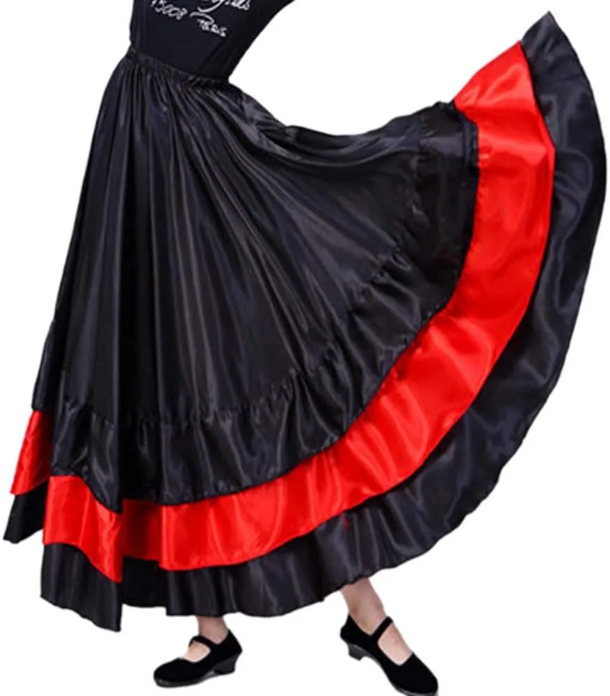 Women Black Red Layers Satin Long Skirt for Spanish Flamenco Belly Dance Mexico Ballet Folklorico Performance