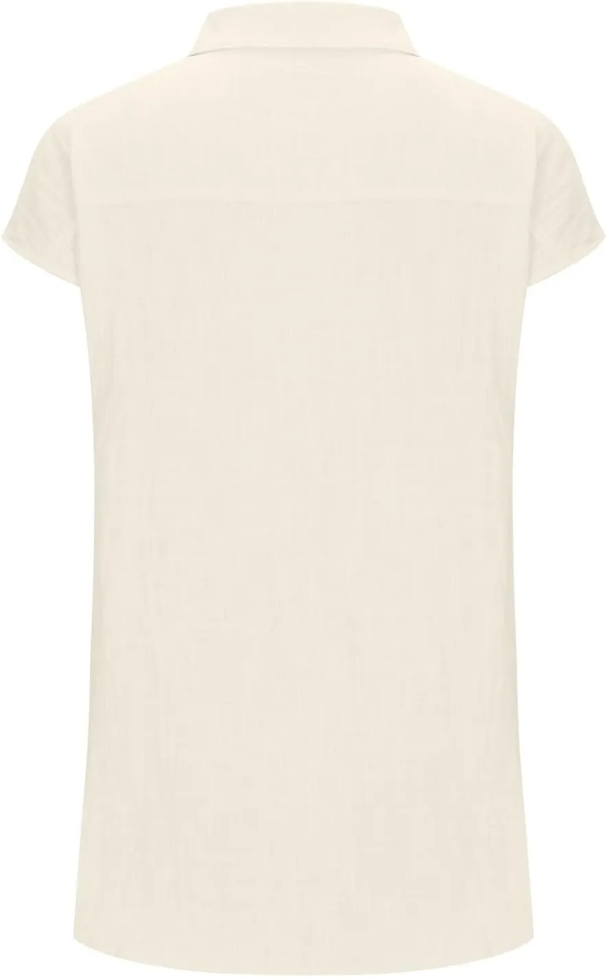 Women Cap Sleeve Button Down Shirts Summer Cotton Work Tees Blouse Lapel Collar Loose Tops Casual Solid T-Shirt