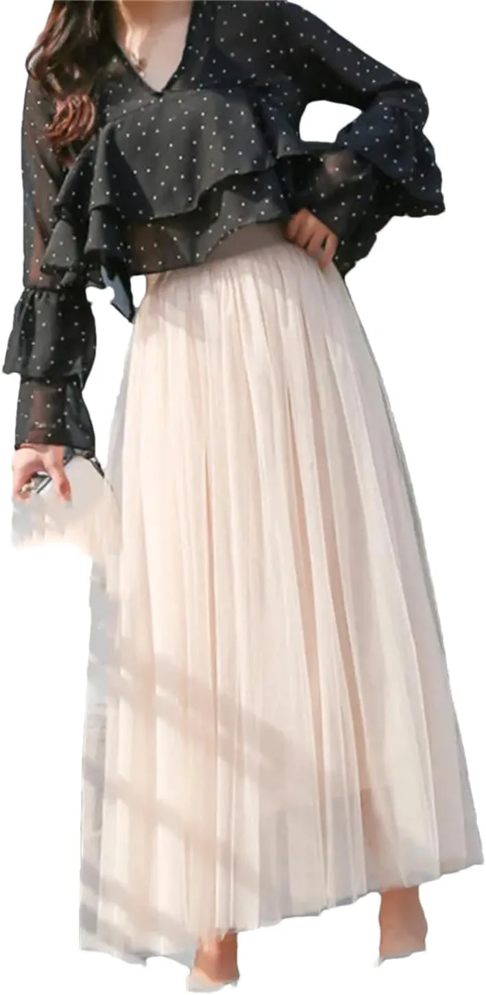 Women Casual High Waist Pleated Long Skirt Female Korean 3 Layers Midi Summer Tulle Skirt