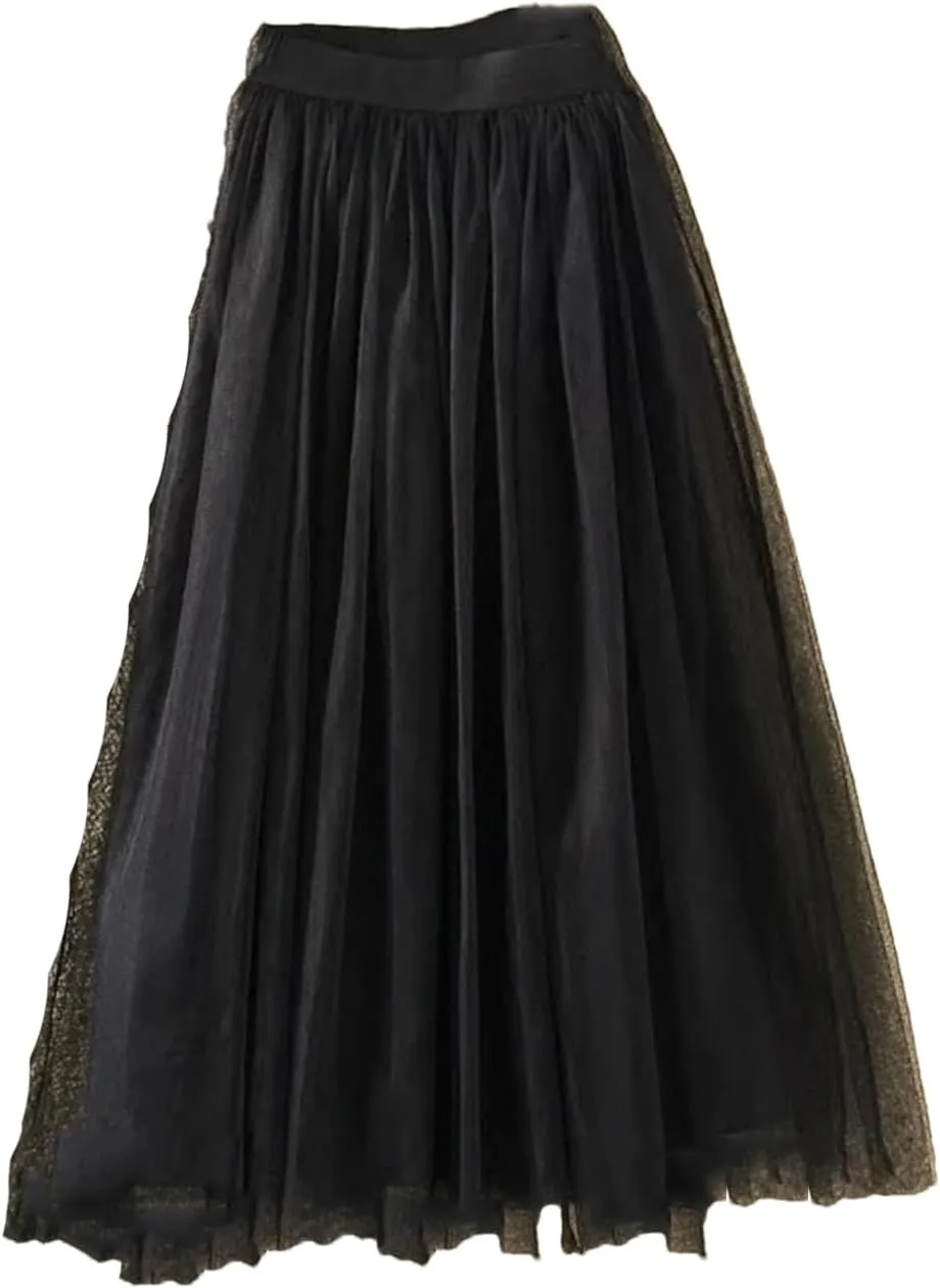 Women Casual High Waist Pleated Long Skirt Female Korean 3 Layers Midi Summer Tulle Skirt