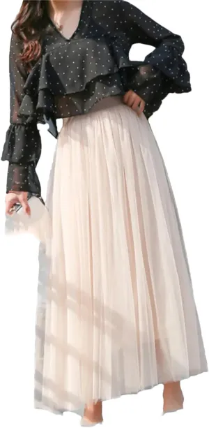Women Casual High Waist Pleated Long Skirt Female Korean 3 Layers Midi Summer Tulle Skirt