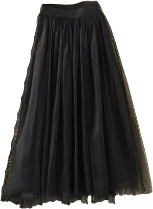 Women Casual High Waist Pleated Long Skirt Female Korean 3 Layers Midi Summer Tulle Skirt