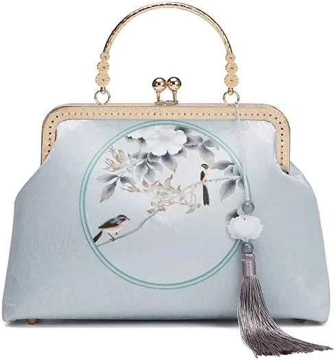 Women Chinese Classical Embroidery Purse Vintage Embroidery Clutch Handag with Tassel and Pendant