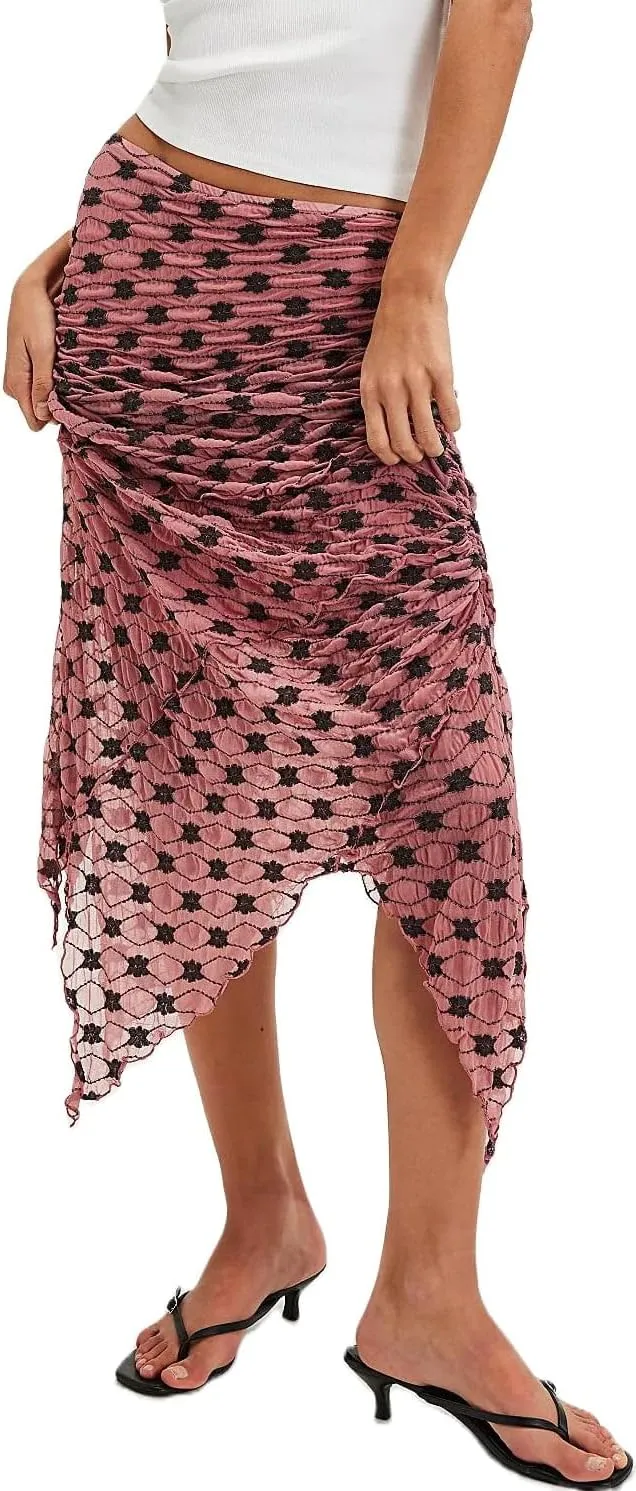 Women Fairy Floral Mesh Maxi Skirt Elastic Mid Waist Asymmetrical Ruffle Hem Long Skirt Bodycon Ruched Boho Skirts
