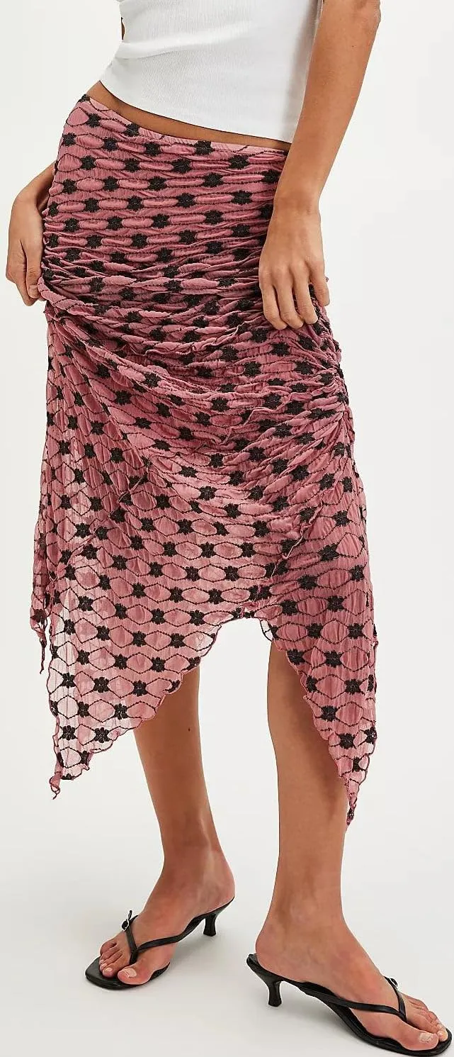 Women Fairy Floral Mesh Maxi Skirt Elastic Mid Waist Asymmetrical Ruffle Hem Long Skirt Bodycon Ruched Boho Skirts
