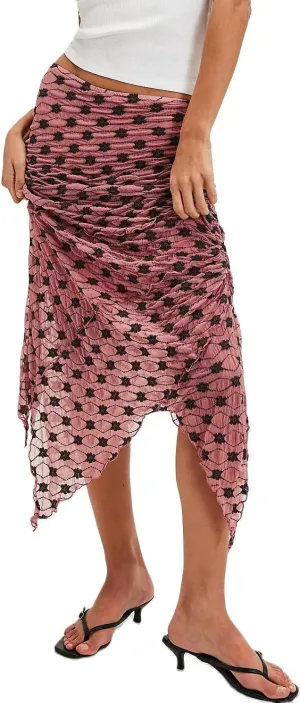 Women Fairy Floral Mesh Maxi Skirt Elastic Mid Waist Asymmetrical Ruffle Hem Long Skirt Bodycon Ruched Boho Skirts