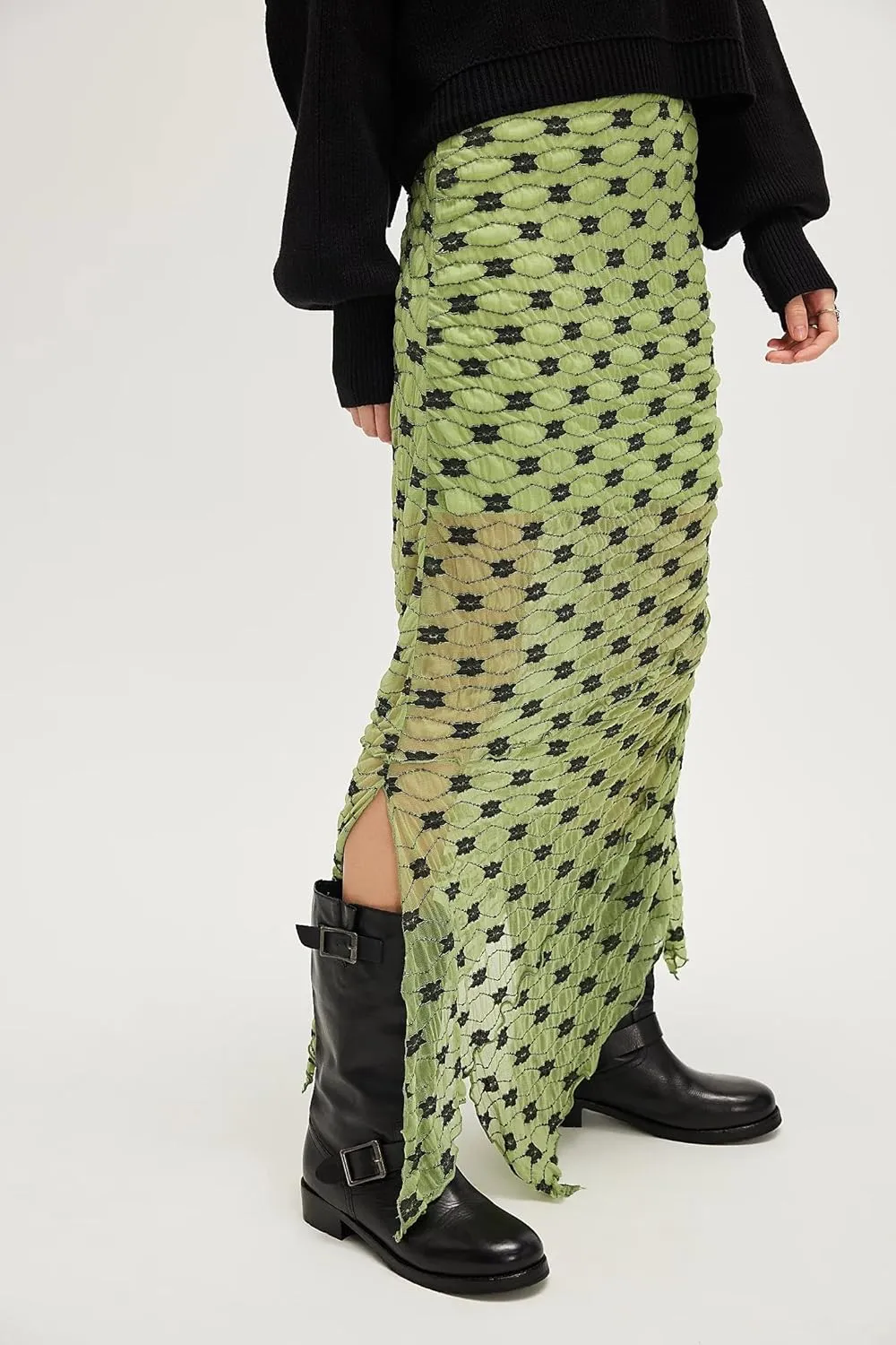 Women Fairy Floral Mesh Maxi Skirt Elastic Mid Waist Asymmetrical Ruffle Hem Long Skirt Bodycon Ruched Boho Skirts